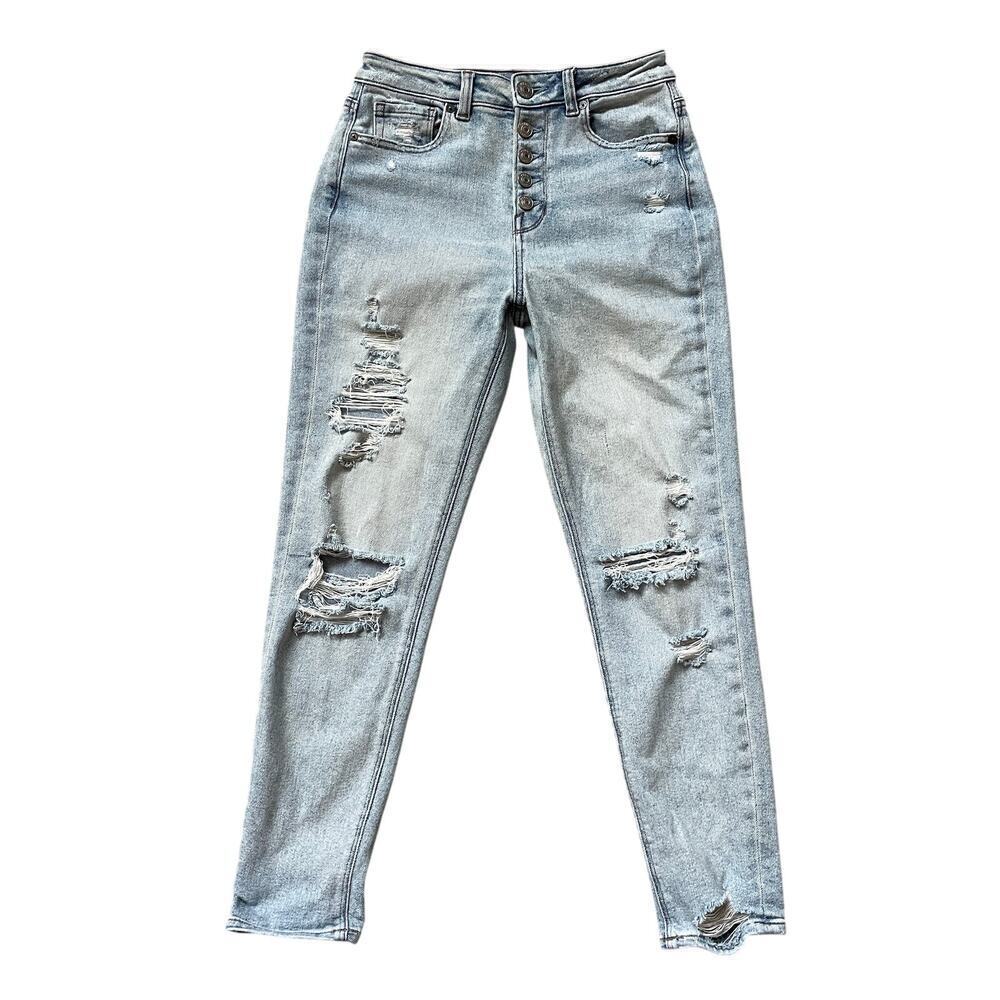 American Eagle High-Waisted Distressed Mom Jeans | 0 Regular, Button Fly, Light
